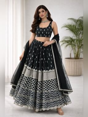 Dark green Sequin Zari Embroidery Work Lehenga Choli